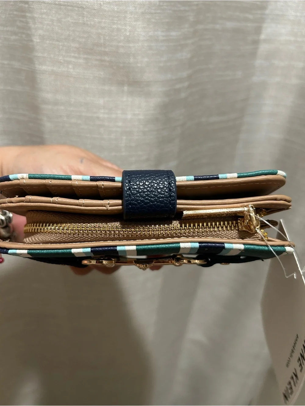 Anne Klein Striped Green & Navy Women's Wallet with Gold Horsebit Detail